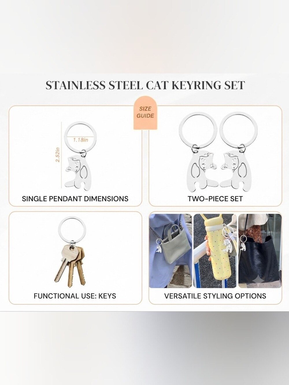 NEW ​2 Pack Stainless Steel Cat Lovers Keychain Set Bag Ring Bestie Couple Gifts